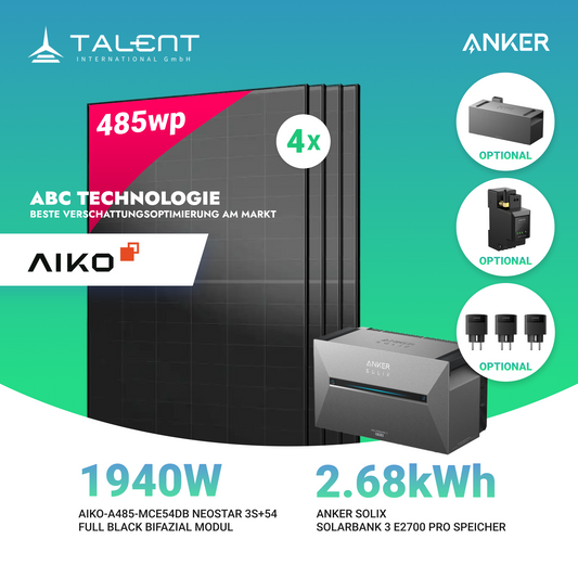 1940W Balkonkraftwerk mit Speicher - 4x 485W Aiko Full Black Glas-Glas bifazial Modul & Anker Solix Solarbank 3 Pro