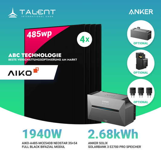 1940W Balkonkraftwerk mit Speicher - 4x 485W Aiko Full Black bifazial Modul & Anker SOLIX Solarbank 3 Pro