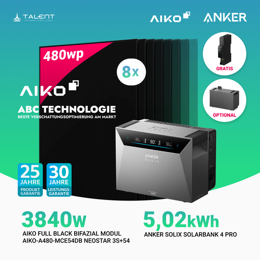3840W Balkonkraftwerk mit Speicher - 8 × AIKO 480W Full Black bifazial & Anker SOLIX Solarbank 4 Pro | jetzt auf Lager & sofort lieferbar