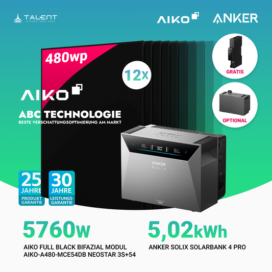 5760W Balkonkraftwerk mit Speicher - 12 × AIKO 480W Full Black bifazial & Anker SOLIX Solarbank 4 Pro | jetzt auf Lager & sofort lieferbar