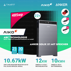 PV Komplettset 10 kWp - 22 × 485W AIKO Full Black Module & Anker X1-H12K-T mit Speicheroption & Unterkonstruktion