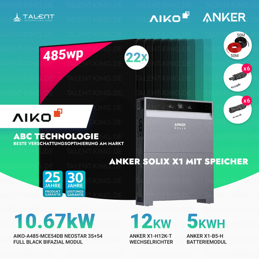 PV Komplettset 10 kWp - 22 × 485W AIKO Full Black Module & Anker X1-H12K-T mit Speicheroption & Unterkonstruktion