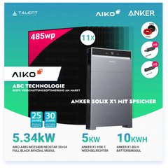 PV Komplettset 5 kWp - 11 × 485W AIKO Full Black Glas-Glas Module & Anker X1-H5K-T mit Speicheroption & Unterkonstruktion