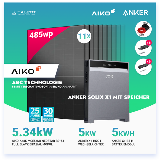 PV Komplettset 5 kWp - 11 × AIKO 485W Full Black & Anker X1-H5K-T mit Speicheroption & Unterkonstruktion