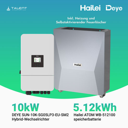 Deye Hybrid-wechselrichter SUN-10K-SG05LP3-EU-SM2 10kW + Hailei 5kWh Batteriespeicher ATOM-WB -512100 Inkl. Heizung und Selbstaktivierender Feuerlöscher