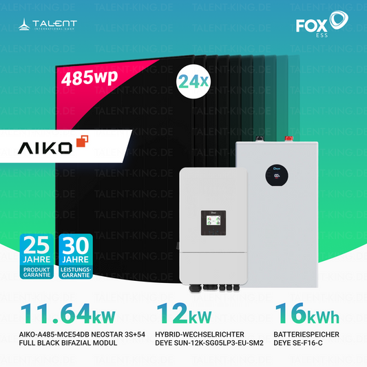 PV Komplettset 12 kWp - 24 × 485W AIKO Bifazial Full Black & Deye 12 kW Hybrid-Wechselrichter SUN-12K-SG05LP3-EU-SM2 mit SE-F16-C Batteriespeicher (16 kWh / 32 kWh)