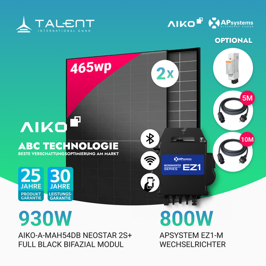 930W Balkonkraftwerk - 2× AIKO 465W Full Black + 800W EZ1-M Apsystem Wechselrichter (Optional mit APmeter Smart Meter)