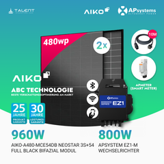 960W Balkonkraftwerk - 2× AIKO 480W Full Black + 800W EZ1-M Apsystem Wechselrichter (Optional mit APmeter Smart Meter)