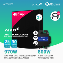 970W Balkonkraftwerk - 2× AIKO 485W Full Black + 800W EZ1-M Apsystem Wechselrichter (Optional mit APmeter Smart Meter)