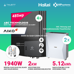 APsystems EZHI Balkonkraftwerk – Insel- & Hybrid-System mit 5kWh / 10kwh Speicher + 1940W (4×485W) Aiko Bifacial Glas Full Black Modul, AC2000W