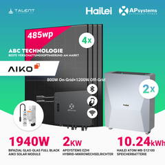 APsystems EZHI Balkonkraftwerk – Insel- & Hybrid-System mit 5kWh / 10kwh Speicher + 1940W (4×485W) Aiko Bifacial Glas Full Black Modul, AC2000W