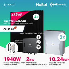 APsystems EZHI Balkonkraftwerk – Insel- & Hybrid-System mit 5kWh / 10kwh Speicher + 1940W (4×485W) Aiko Bifacial Glas Full Black Modul, AC2000W