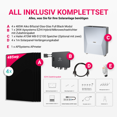 APsystems EZHI Balkonkraftwerk – Insel- & Hybrid-System mit 5kWh / 10kwh Speicher + 1940W (4×485W) Aiko Bifacial Glas Full Black Modul, AC2000W