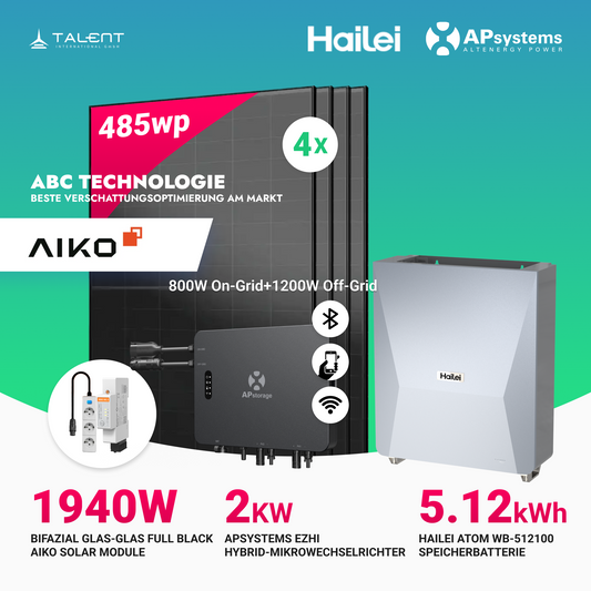 APsystems EZHI Balkonkraftwerk – Insel- & Hybrid-System mit 5kWh / 10kwh Speicher + 1940W (4×485W) Aiko Bifacial Glas Full Black Modul, AC2000W
