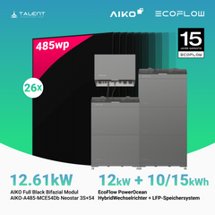 PV Komplettset 12 kWp - 26 × 485W AIKO Full Black & EcoFlow PowerOcean 12kW Hybrid Wechselrichter mit 10,24 / 15,36 kWh LFP-Speichersystem (inkl. BMS)
