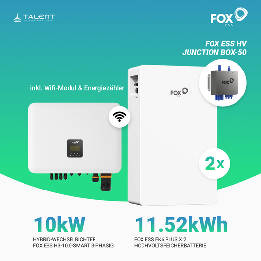 FOX ESS 10kW H3-10.0-Smart 3-phasig Hybridwechselrichter mit 2 x EK6 Plus Hochvoltspeicherbatterie 11,52 kWh & Junction Box-50