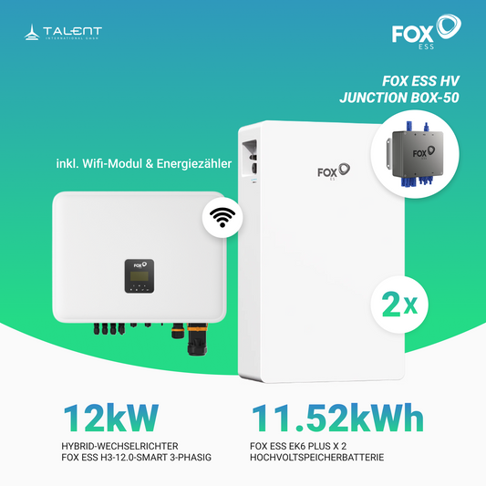 FOX ESS 12kW H3-12.0-Smart 3-phasig Hybridwechselrichter mit 2 x EK6 Plus Hochvoltspeicherbatterie 11,52 kWh