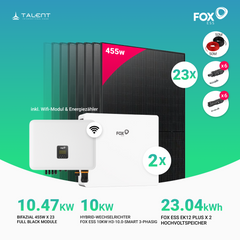 10kWp Fox ESS PV-Anlage - 23 × 455W Bifacial Full Black + FOX ESS 10kW H3-10.0-Smart 3-phasig Hybridwechselrichter & 11.52 kWh / 23.04 kWh EK12 Speicher inkl. Smart Meter – Notstromfähig