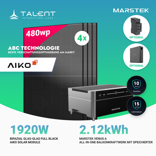 1920W Balkonkraftwerk mit Speicher - 4x 480W Aiko Full Black bifazial Glas-Glas Modul & Marstek Venus A
