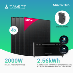 2000W Balkonkraftwerk mit Speicher - 4x 500W Bifazial Transparentes Glas-Glas Full Black Modul & Marstek Venus D