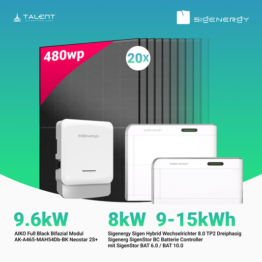 PV Komplettset 9.6 kWp - 20 × AIKO 480W Full Black & Sigenergy Sigen Hybrid Wechselrichter 8.0 TP2 8kW Dreiphasig mit Speicheroption
