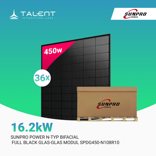 SunPro Power 450W N-Typ Bifacial Solarpanel – Full Black Glas-Glas Modul Palettenpreis (36 Stk.)
