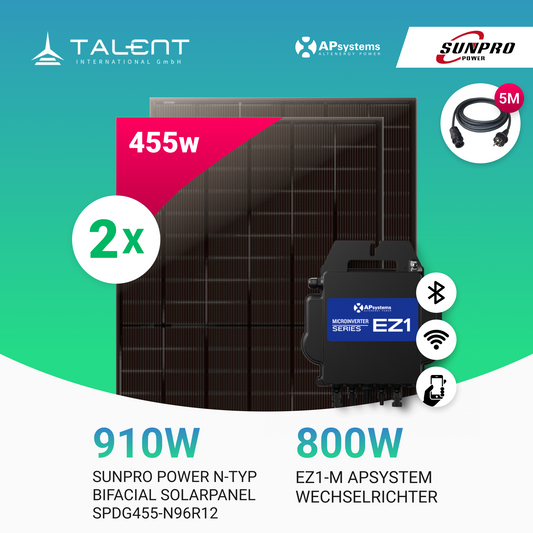 Balkonkraftwerk 910W (2 x 455W) Full Black Bifazial Glas-Glas Modul + 800W EZ1-M Apsystem Mikro Wechselrichter