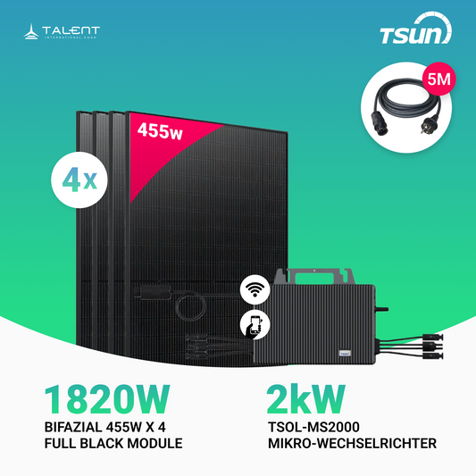 1820W Balkonkraftwerk mit Speicher - 4x 455W Bifazial Transparentes Glas-Glas Full Black Modul & TSUN 2000W TSOL-MS2000 Mikro-Wechselrichter