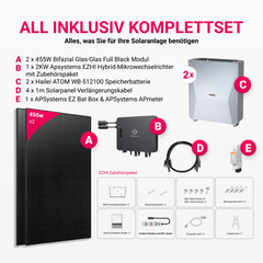 APsystems EZHI Balkonkraftwerk – Insel- & Hybrid-System mit 5kWh / 10kwh Speicher + 910W (2×455W) Full Black Bifacial Glas-Glas Modul, AC2000W