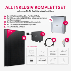 APsystems EZHI Balkonkraftwerk – Hybrid & Insel-System mit 5kWh / 10kWh Speicher + 1000W (2×500W) Bifazial Full Black PV Modulen, AC 2000W