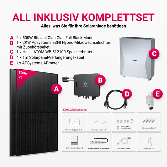 APsystems EZHI Balkonkraftwerk – Hybrid & Insel-System mit 5kWh / 10kWh Speicher + 1000W (2×500W) Bifazial Full Black PV Modulen, AC 2000W