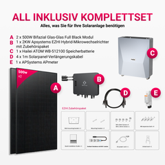 APsystems EZHI Balkonkraftwerk – Hybrid & Insel-System mit 5kWh / 10kWh Speicher + 1000W (2×500W) Bifazial Full Black PV Modulen, AC 2000W