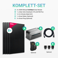 4000W Balkonkraftwerk mit Speicher - 8x 500W Full Black bifazial & Anker Solix Solarbank 3 Pro