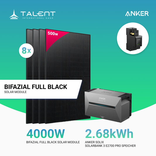 4000W Balkonkraftwerk mit Speicher - 8x 500W Full Black bifazial & Anker Solix Solarbank 3 Pro