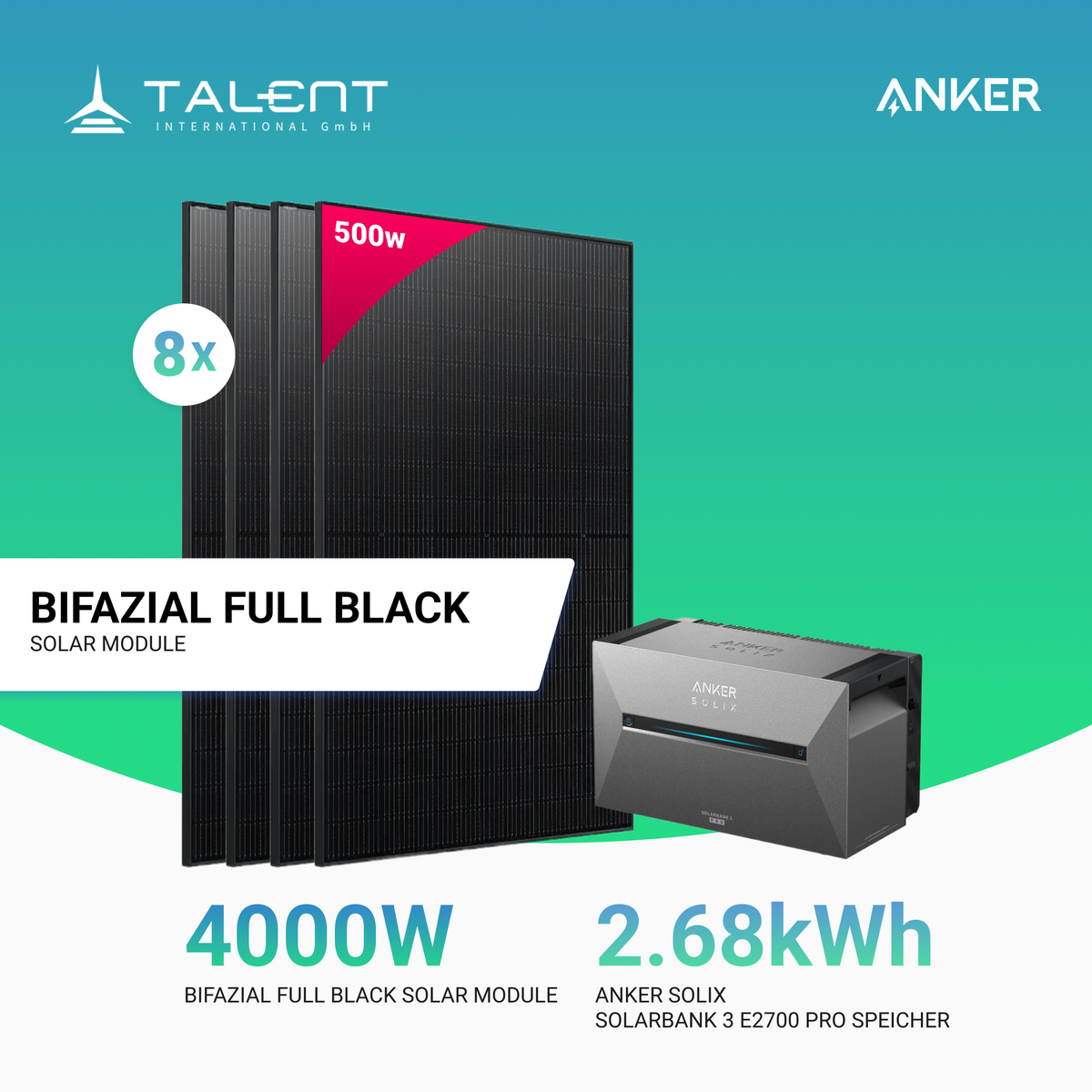 4000W Balkonkraftwerk mit Speicher - 8x 500W Full Black bifazial & Anker Solix Solarbank 3 Pro