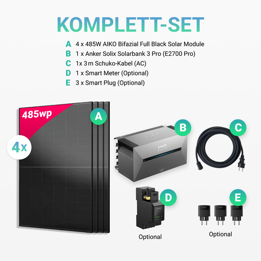 1940W Balkonkraftwerk mit Speicher - 4x 485W Aiko Full Black Glas-Glas bifazial Modul & Anker Solix Solarbank 3 Pro
