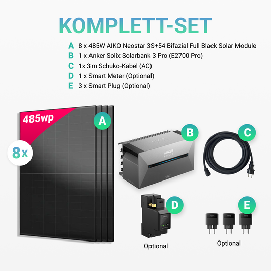 3880W Balkonkraftwerk mit Speicher - 8x 485W Aiko Full Black Glas-Glas bifazial Modul & Anker Solix Solarbank 3 Pro