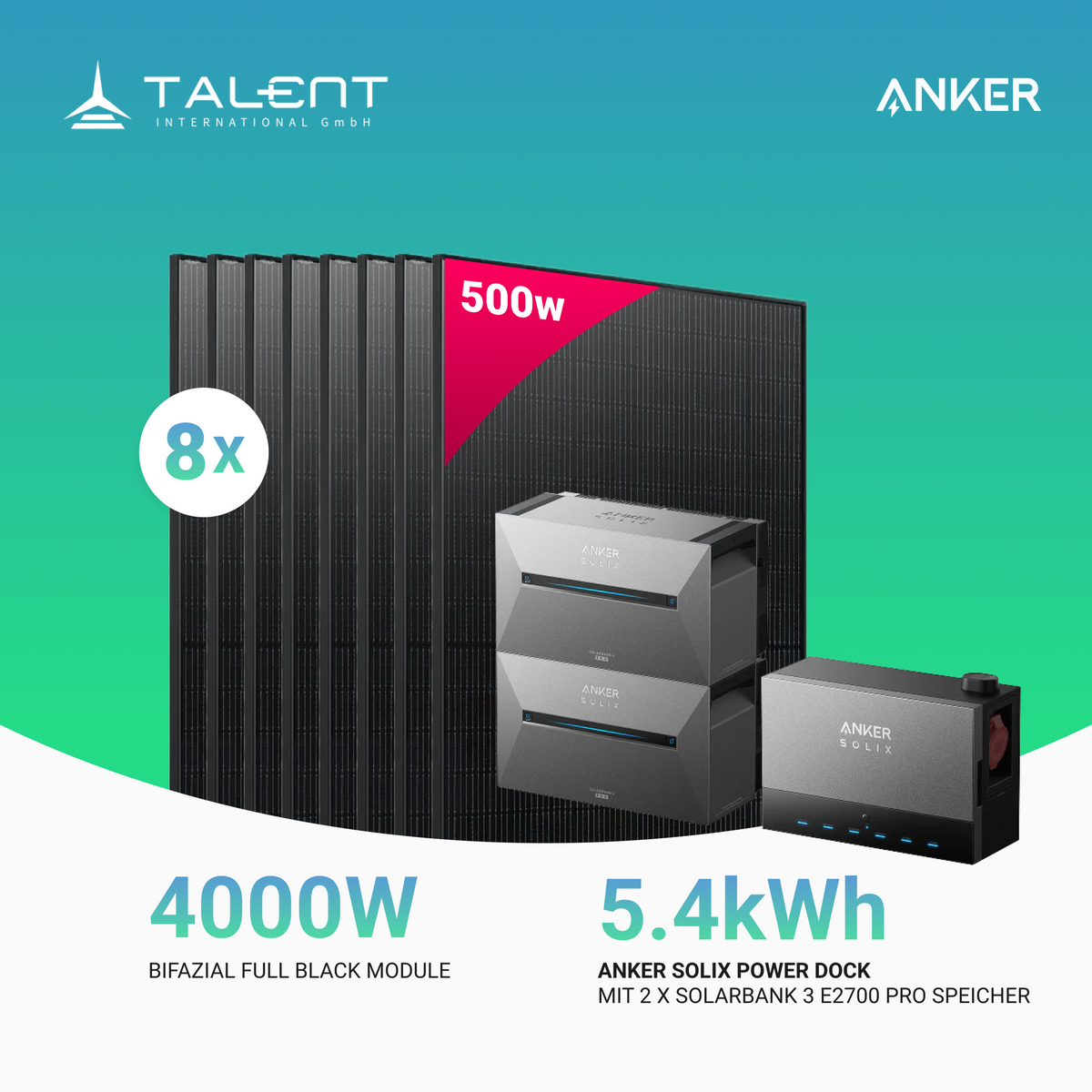 4000W Anker Solix Power Dock PV-Komplettset - 8x 500W Bifazial Transparentes Glas-Glas Full Black Modul & 2x Anker Solix Solarbank 3 Pro