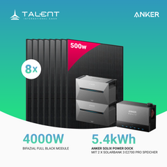4000W Anker Solix Power Dock PV-Komplettset - 8x 500W Bifazial Transparentes Glas-Glas Full Black Modul & 2x Anker Solix Solarbank 3 Pro