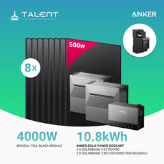 4000W Anker Solix Power Dock PV-Komplettset - 8x 500W Bifazial Transparentes Glas-Glas Full Black Modul & 2x Anker Solix Solarbank 3 Pro