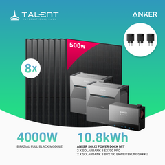 4000W Anker Solix Power Dock PV-Komplettset - 8x 500W Bifazial Transparentes Glas-Glas Full Black Modul & 2x Anker Solix Solarbank 3 Pro