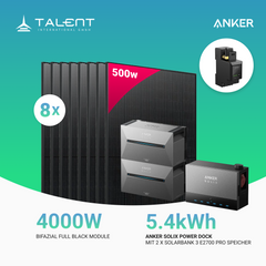 4000W Anker Solix Power Dock PV-Komplettset - 8x 500W Bifazial Transparentes Glas-Glas Full Black Modul & 2x Anker Solix Solarbank 3 Pro