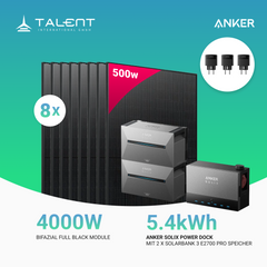 4000W Anker Solix Power Dock PV-Komplettset - 8x 500W Bifazial Transparentes Glas-Glas Full Black Modul & 2x Anker Solix Solarbank 3 Pro