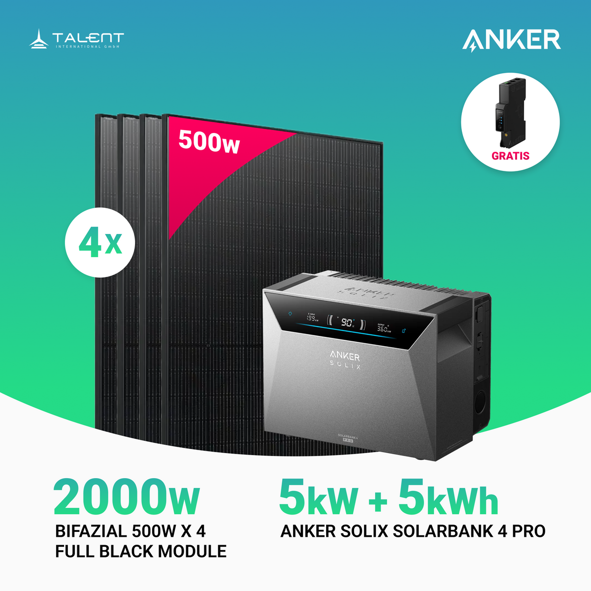 2000W Balkonkraftwerk mit Speicher - 4x 500W Full Black bifazial & Anker Solix Solarbank 4 Pro | jetzt auf Lager & sofort lieferbar