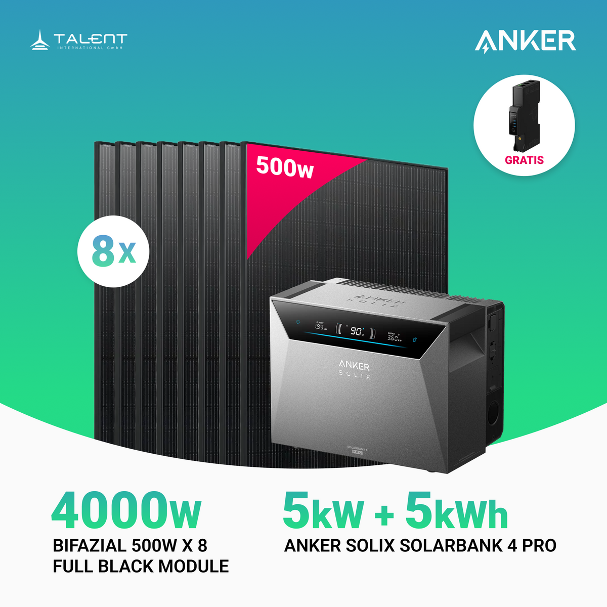 4000W Balkonkraftwerk mit Speicher - 8x 500W Full Black bifazial & Anker Solix Solarbank 4 Pro  | jetzt auf Lager & sofort lieferbar