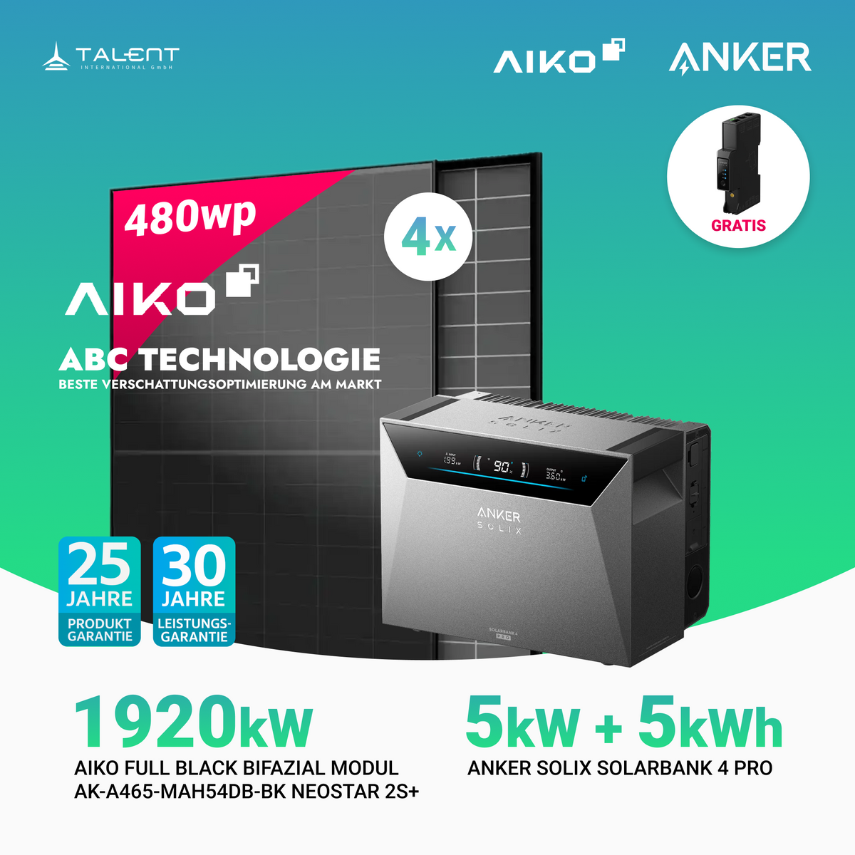 1920W Balkonkraftwerk mit Speicher - 4 × AIKO 480W Full Black bifazial & Anker SOLIX Solarbank 4 Pro | jetzt auf Lager & sofort lieferbar