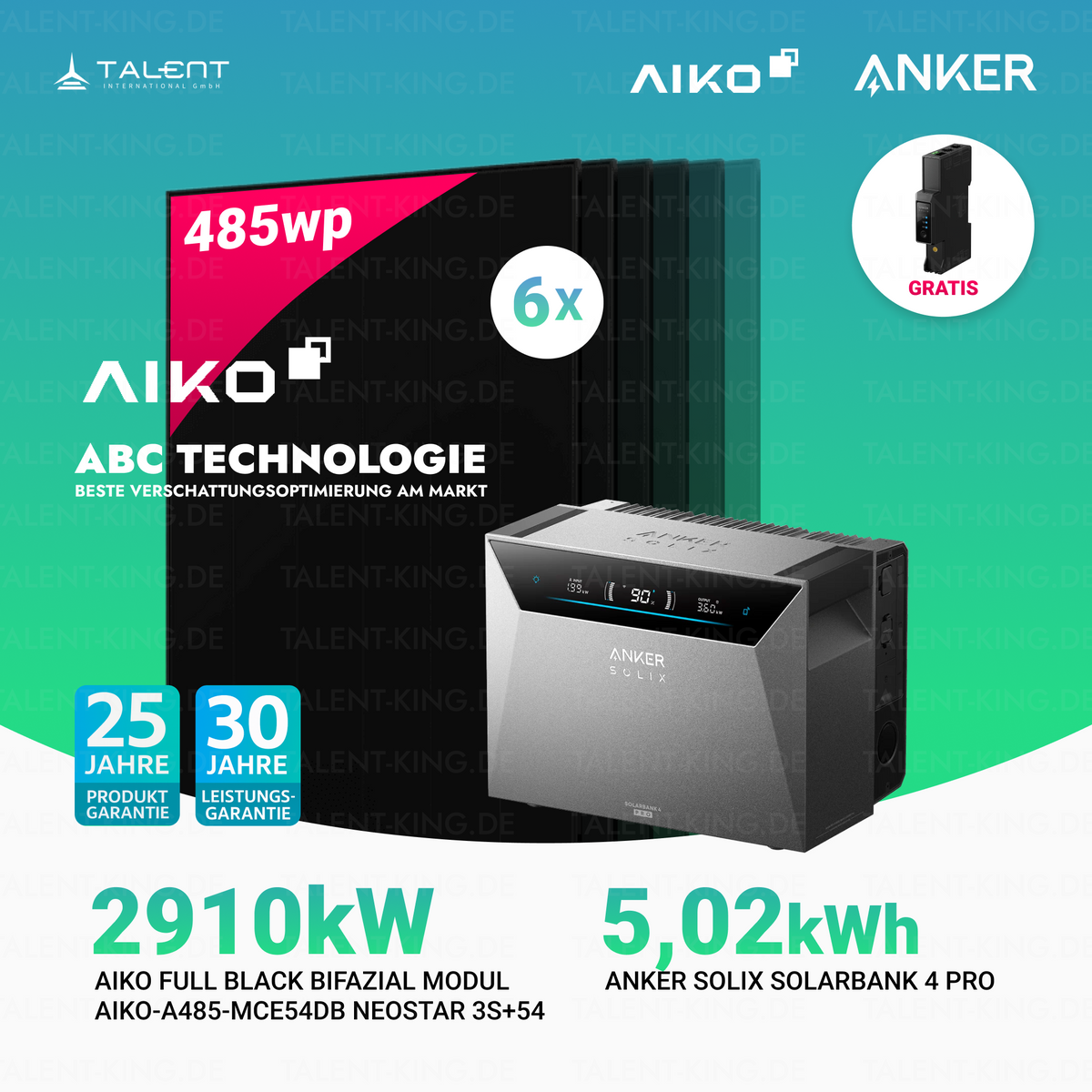 2910W Balkonkraftwerk mit Speicher - 6 × AIKO 485W Full Black bifazial & Anker SOLIX Solarbank 4 Pro | jetzt auf Lager & sofort lieferbar