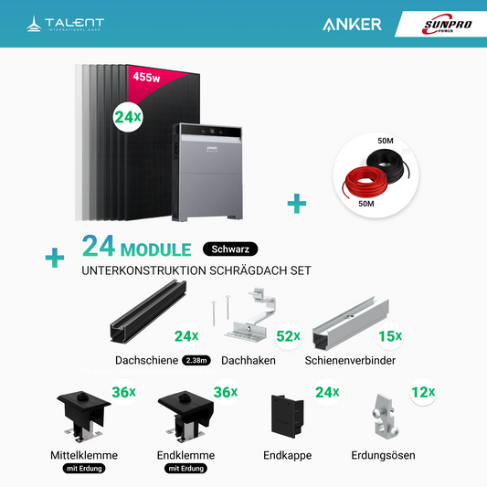 PV Komplettset 12 kWp - 24 × 455W Bifacial Full Black Glas-Glas Module & Anker X1-H12K-T mit Speicheroption & Unterkonstruktion