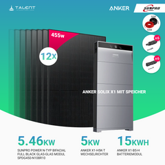 PV Komplettset 5 kWp - 12 × 455W Bifacial Full Black Glas-Glas Module & Anker X1-H5K-T mit Speicheroption & Unterkonstruktion