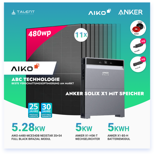 PV Komplettset 5 kWp - 11 × AIKO 480W Full Black & Anker X1-H5K-T mit Speicheroption & Unterkonstruktion
